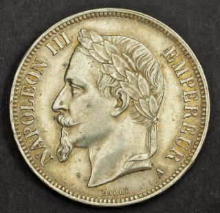 1869,  France (2nd Empire),  Napoleon Iii.  Large Silver 5 Francs Coin.  Paris