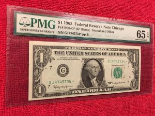 Fr 1900 - G 1963 1 Dollar Federal Reserve Note (Chicago) PMG 65EPQ 3