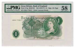 Great Britain Banknote 1 Pound 1970.  Pmg Au - 58