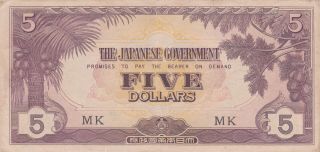 5 Dollars Very Fine - F Crispy Banknote From Japanese Occupied Malaya 1942 Pick - M6