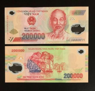 1 X 200,  000 Dong Vietnam Dong Money Polymer Currency Banknote Vietnamese Unc