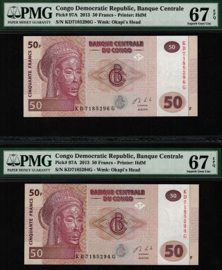 Tt Pk 97a 2013 Congo Democratic Republic 50 Francs Pmg 67 Epq Set Of Two