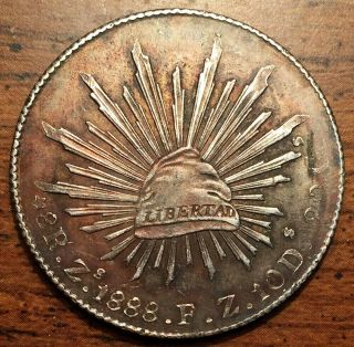 1888 Silver Zs Fz Mexico 8 Reales Cap & Rays Coin Zacatecas