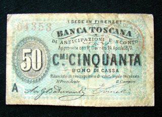 1870 Italy Kingdom Rare Banknote 50 Centesimi Banca Toscana