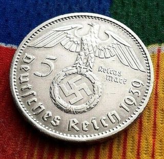 1939 E 5 Mark German Ww2 Silver Coin Third Reich Swastika Reichsmark