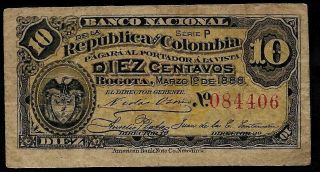 Colombia - Banco Nacional - 10 Centavos - 1888 Serie P - F