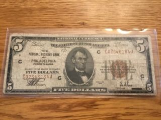 Series 1929 Federal Reserve Bank Of Philadelphia Note $5 National Currency