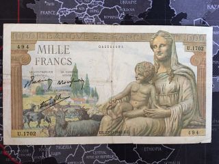 1942 1000 Franc French Note / " Deesse Demeter " - / Ttb (tres Tres Belle)