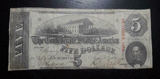1863 $5 Confederate States Of America T - 60 Type 3rd Series Plain Paper Note