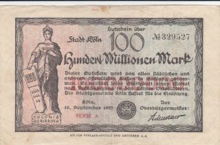 100 Millionen Mark Very Fine Banknote From Germany/kÖln 1923