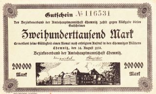 200 000 Mark Aunc Banknote From Germany/chemnitz 1923