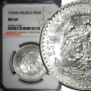 Mexico Estados Unidos Mexicanos Silver 1935 M Peso Ngc Ms64 Better Date Km 455