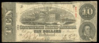 1863 $10 Confederate Richmond Virginia Note T - 59