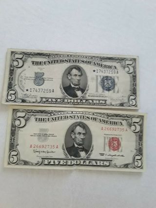 Two 1934 C $5 Five Dollar Bill Silver Certificate Blue And Red Seal Note