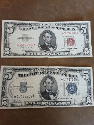 two 1934 C $5 Five Dollar Bill Silver Certificate Blue and Red Seal Note 2