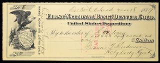 Obsolete Bank Check First National Bank Dener Colorado Co 1889 Eagel Illus