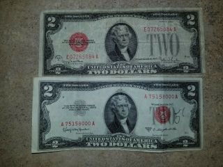 (2) $2 Two Dollar Red Seal Usa Legal Tender Note Currency Money Bill 1928 1953