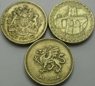 Great Britain 1 Pound 1983/2000/2005 - Royal Arms/dragon/menai - 3 Coins 1567 ¤