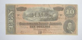 Civil War 1864 $10.  00 Confederate States Horse Blanket Note 759