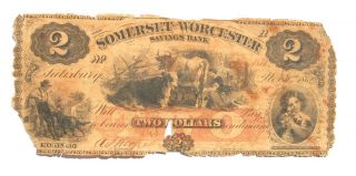 1862 $2 Dollar Banknote Maryland Somerset & Worcester Savings Bank Civil War Era