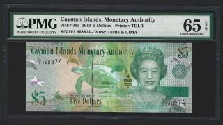 Cayman Islands $5 Dollars 2010,  Monetary Authority P - 39a,  Pmg 65 Epq Gem Unc