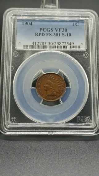 1904 Indian Head Cent Rpd Fs - 301 S - 10 Pcgs Vf30 - Rare Variety -