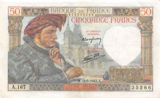 France 50 Francs 15.  5.  1942 P 93 Series A.  167 Circulated Banknote G10fl