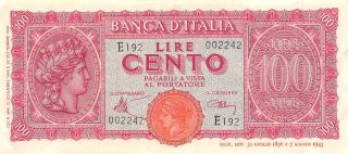 Italy 100 Lire 10.  12.  1944 P 75a Series E 192 Circulated Banknote Sf