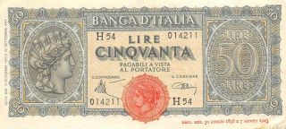 Italy 50 Lire 10.  12.  1944 P 74 Series H 54 Circulated Banknote Meit