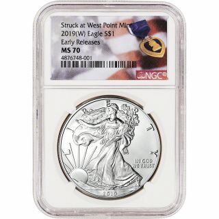 2019 - (w) American Silver Eagle - Ngc Ms70 - Early Releases - Purple Heart
