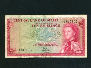 Malta:p - 28,  10 Shillings,  1967 (1968) Qeii Vf Nr