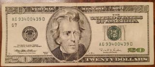 1996 $20 Twenty Dollar Bill Note U.  S.  Currency Serial Ag 93400439