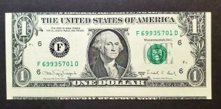 Unc Miscut 1988 Series A $1 Dollar (atlanta) Federal Reserve Note.