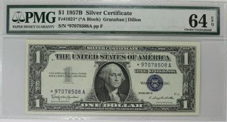 1957 B $1 Silver Certificate Star Note Pmg Cert 64 Epq Choice Unc (508a)