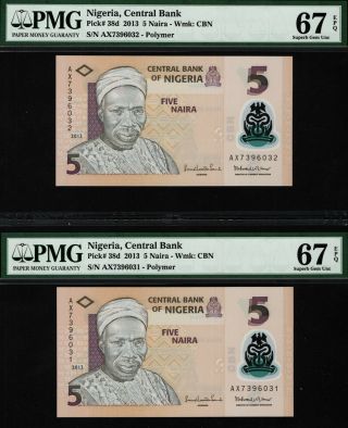 Tt Pk 38d 2013 Nigeria 5 Naira " Polymer " Pmg 67q Gem Unc Seq Set Of Two