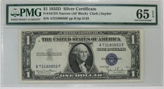 1935 D $1 Silver Certificate Pmg Certified 65 Epq Gem Uncirculated Narrow (850f)