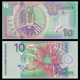 Suriname 10 Gulden Banknote,  2000,  P - 147,  Bird,  Unc,  North America Paper Money