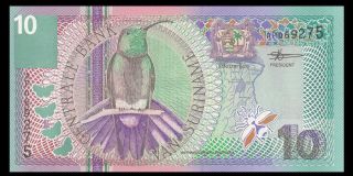 Suriname 10 Gulden Banknote,  2000,  P - 147,  Bird,  UNC,  North America Paper Money 2