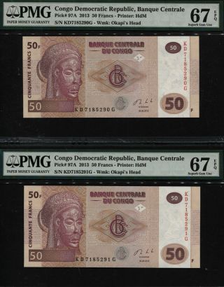Tt Pk 97a 2013 Congo Democratic Republic 50 Francs Pmg 67q Seq Set Of Two