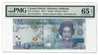 2014 Cayman Islands $1 Dollar,  Pmg 65 Epq Gem Unc,  Sig & Date,  D/5 Prefix