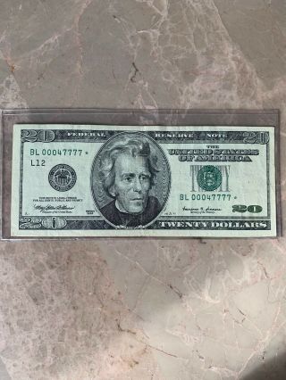 1999 Star Note $20 Twenty Dollar Bill,  Federal Reserve Note,  Serial Bl 00047777