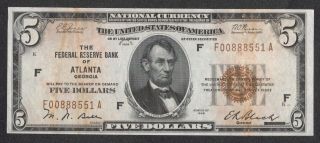 1929 $5 Federal Reserve Bank Note.  Atlanta,  Ga.  Circulated.  Brown Seal