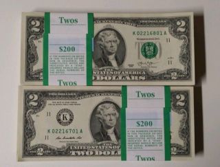 10,  Uncirculated Two Dollar Bill,  Crisp $2 Note Consecutive Serial Number 2