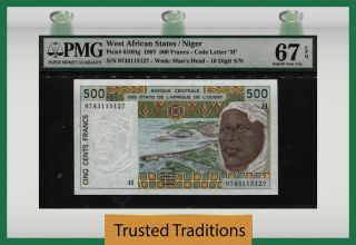 Tt Pk 610hg 1997 West African States / Niger 500 Francs Pmg 67 Epq Gem
