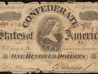 1863 $100 Dollar Confederate States Currency Civil War Note Paper Money T - 56