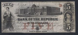 State Of Rhode Island $5 Dollars Obsolete 1855,  Bank Of The Republic Providence