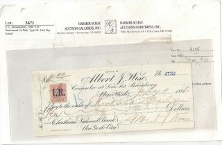 1898 Albert J Wise Lawyer York Bank Check W Revenue Stamp R155 First Day Use
