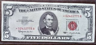 5 Dollar 1963 Red Seal Replacement Note Star (note).  Circulated