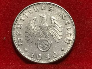 50 Reichspfennig 1940 B German Nazi Coin With Swastika Alu