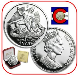 1995 Isle Of Man Proof Silver Angel 1 Oz.  Coin With,  Airtite &